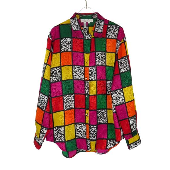 Laura & Jayne 1980s Vintage Multicolored Checkered Collared Blouse Size 6 - Picture 1 of 9